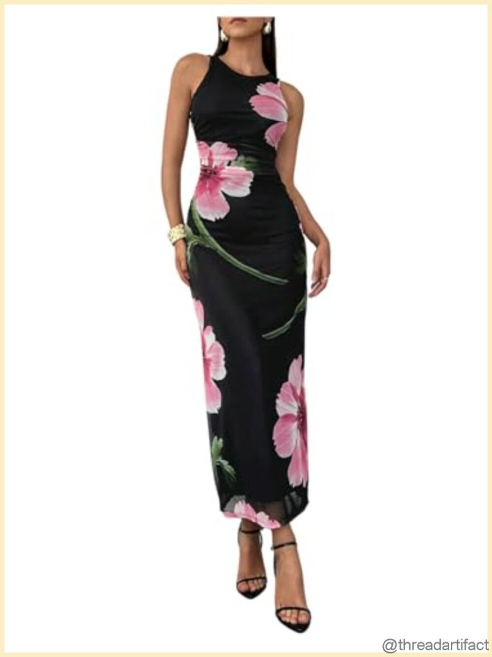 Floral Maxi Dress Crew Neck Sleeveless Ruched Bodycon Mesh Formal Wedding Guest